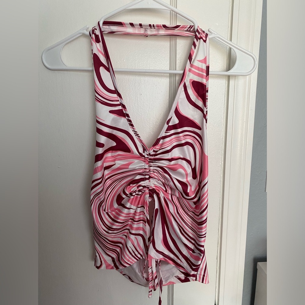 Drawstring Front Backless Halter top swirl pink white pattern from shein size L
